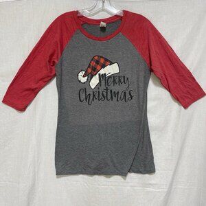 Christmas Top 3/4 Raglan Sleeve T-shirt Womens Size Small Merry Christmas Gray